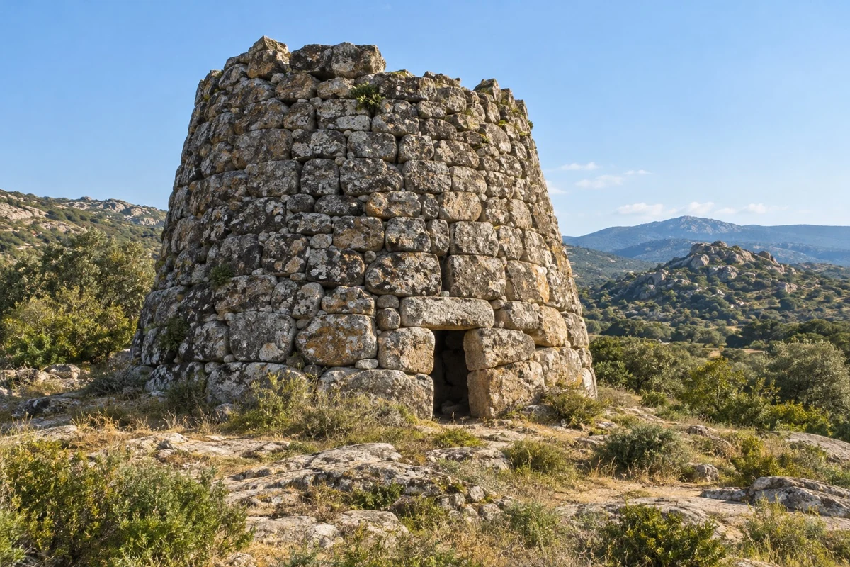 Torre nuragica in pietra con un ingresso, immersa in un paesaggio collinare.