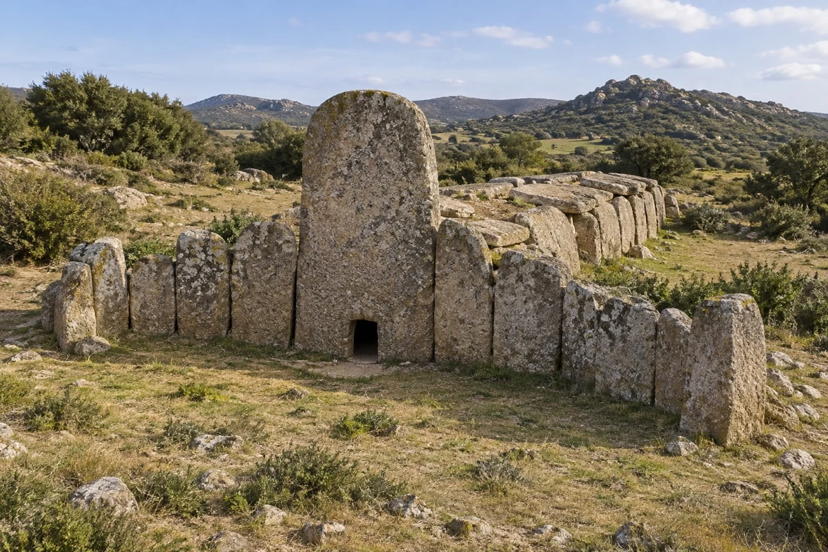 Monumento funerario in pietra con stele centrale e fronte arcuato.