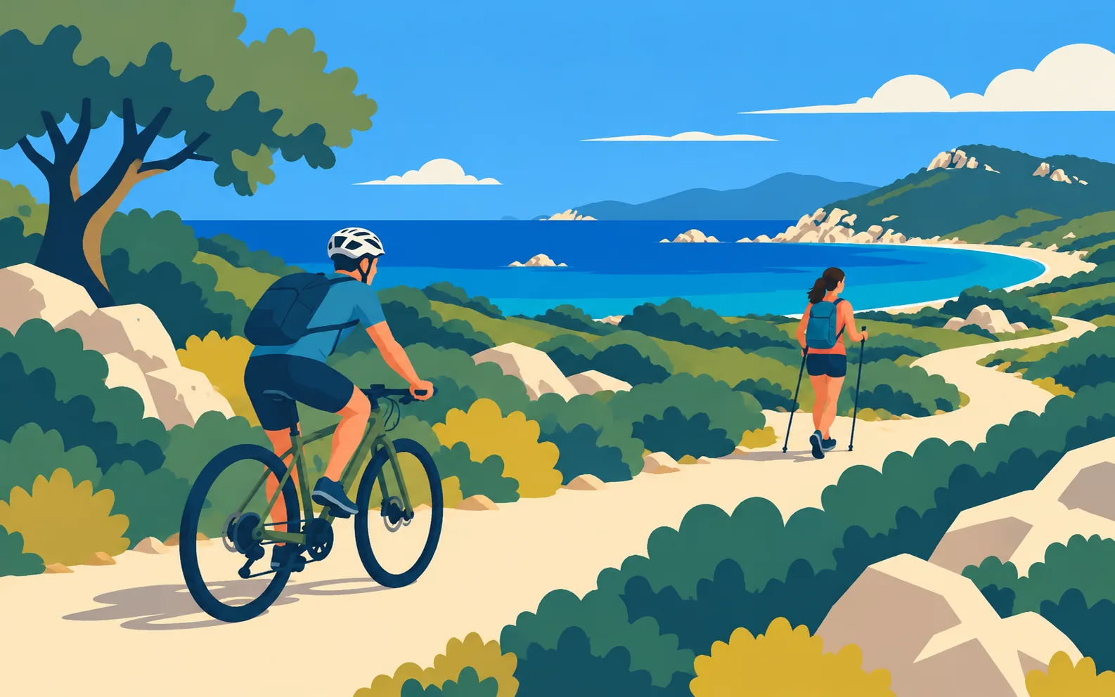Persone che camminano e pedalano lungo un sentiero panoramico.