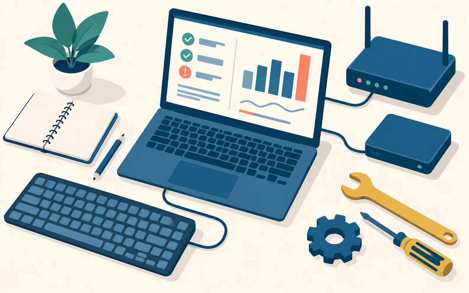 Illustrazione di un computer, dispositivi di rete e strumenti di lavoro.