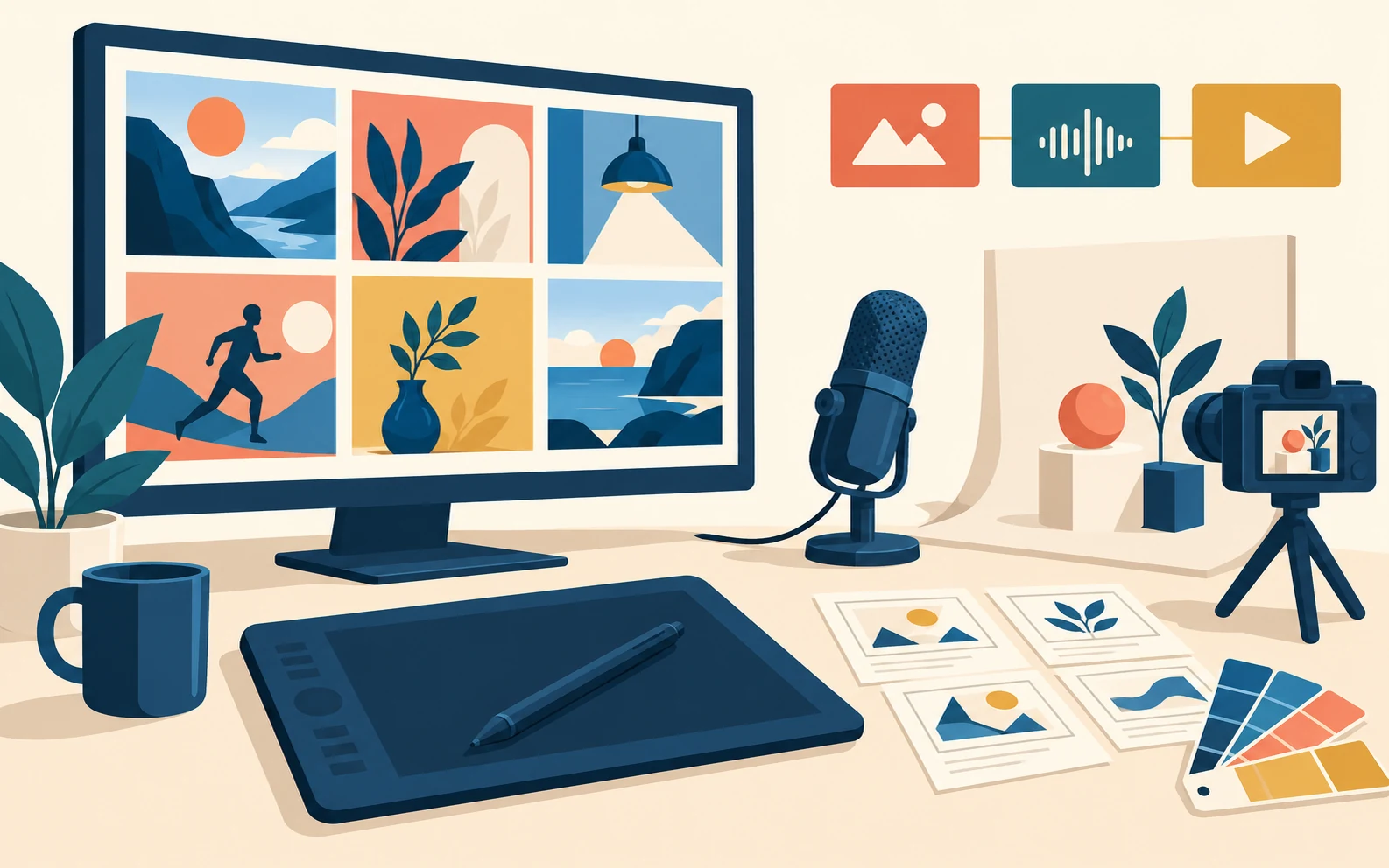 Illustrazione di una postazione per creare contenuti visivi, audio e video, con monitor, tavoletta grafica, microfono e fotocamera.