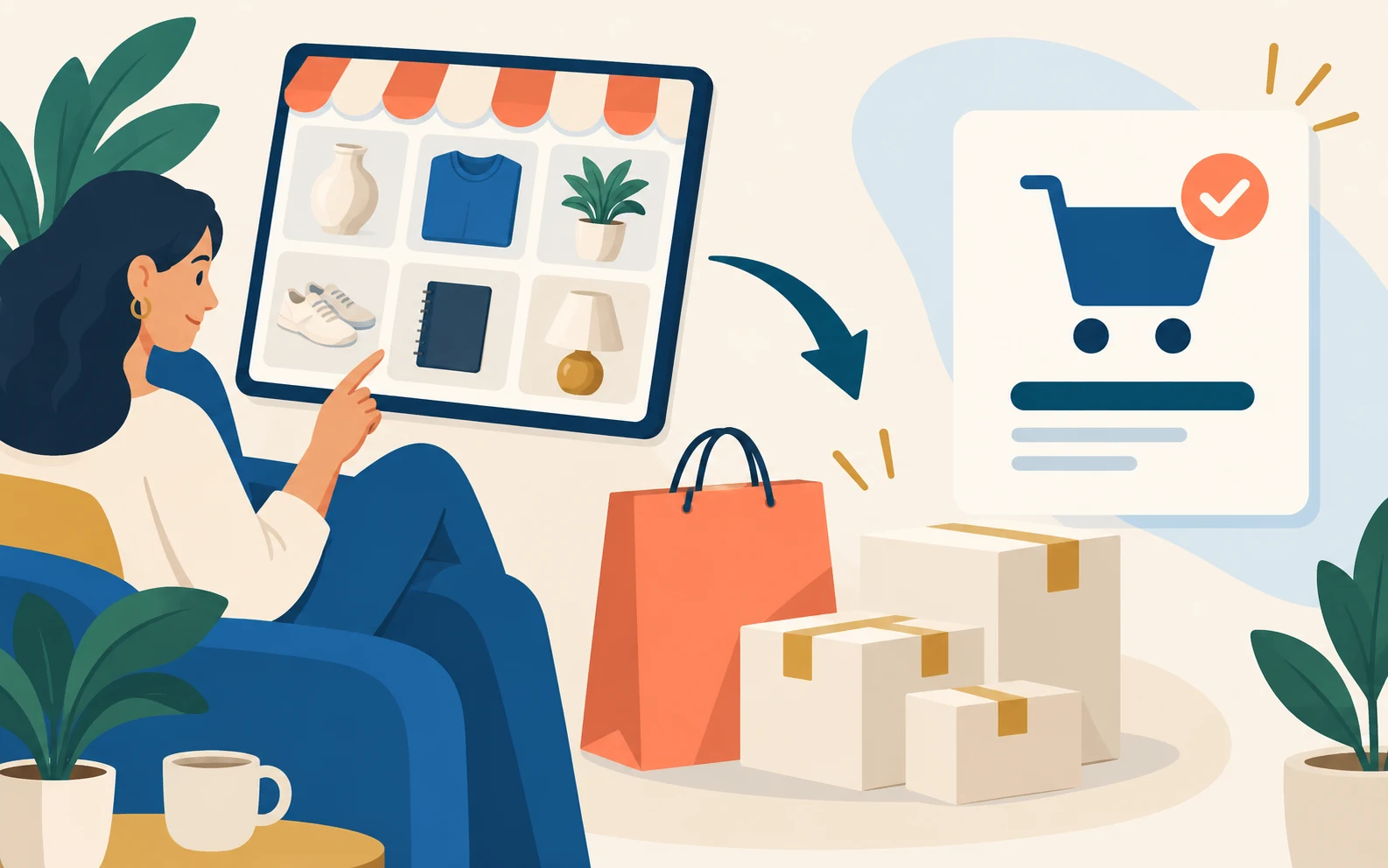 Illustration of the online shopping journey, from the product catalogue to the cart and delivery parcels.
