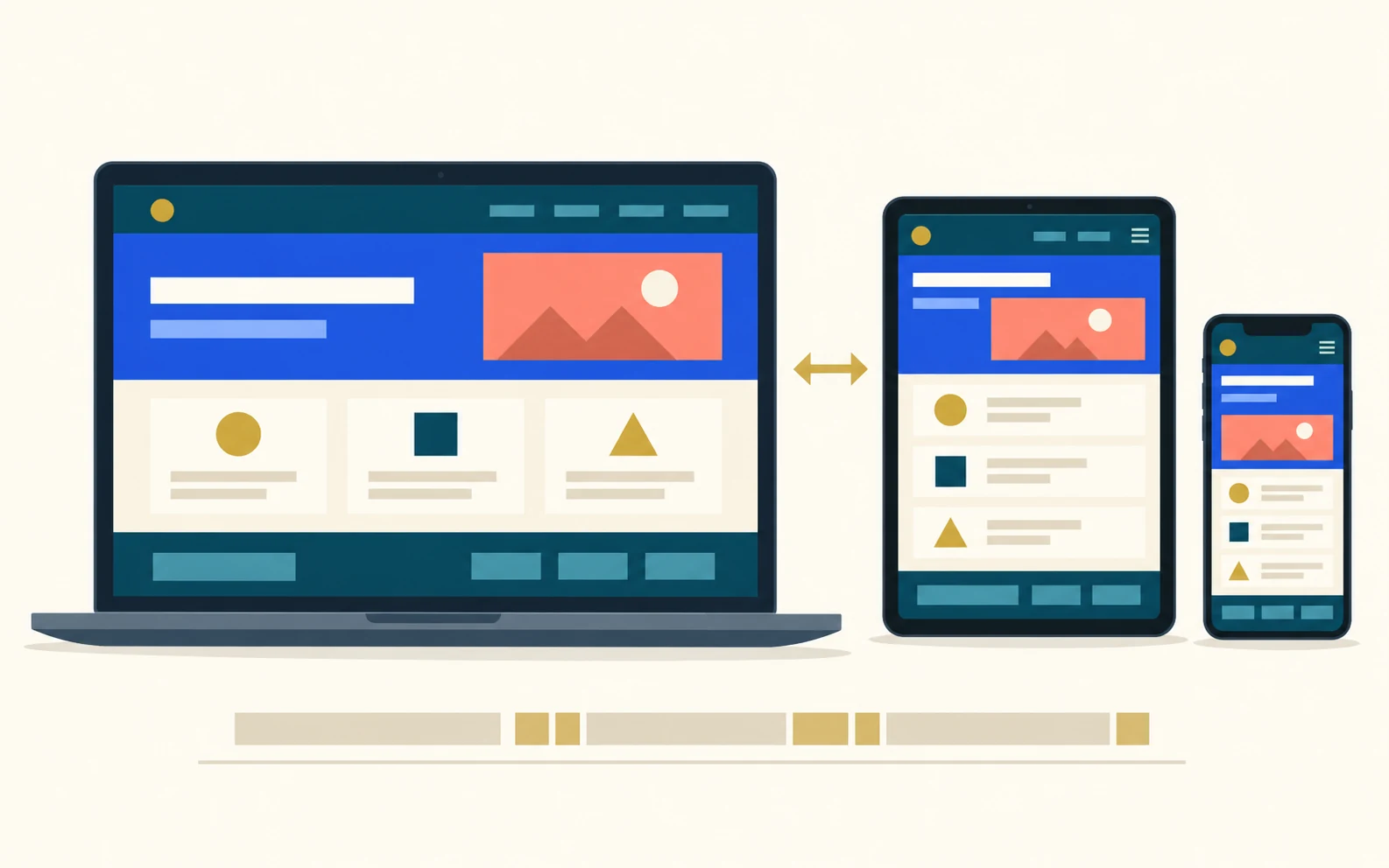 Illustrazione di un sito web che adatta contenuti e navigazione agli schermi di computer, tablet e smartphone.