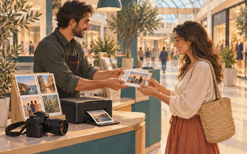 Illustrazione di un punto fotografico in un ambiente commerciale.