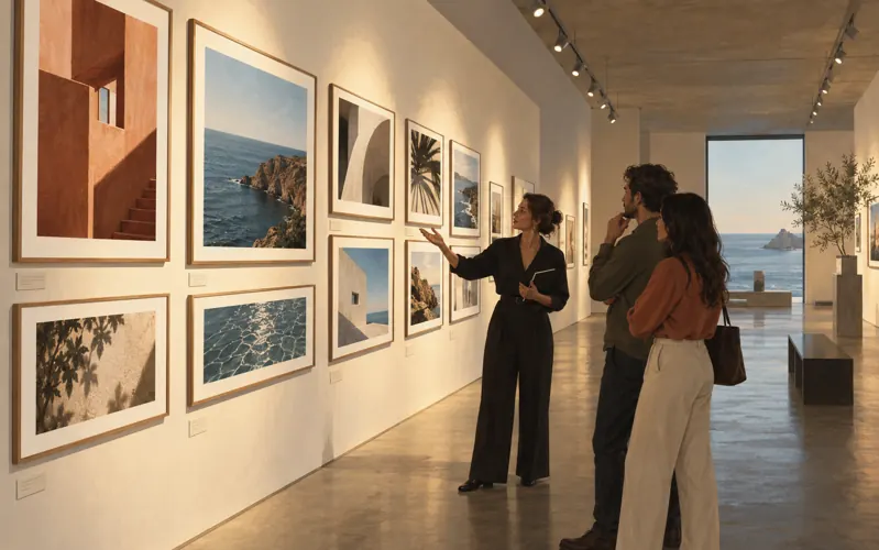 Illustrazione di visitatori che osservano fotografie in una mostra.