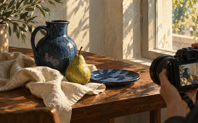 Illustrazione di un set fotografico per lo still life, con oggetti e luce controllata.