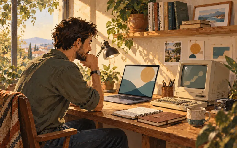Illustrazione del lavoro con computer, applicazioni e strumenti web.