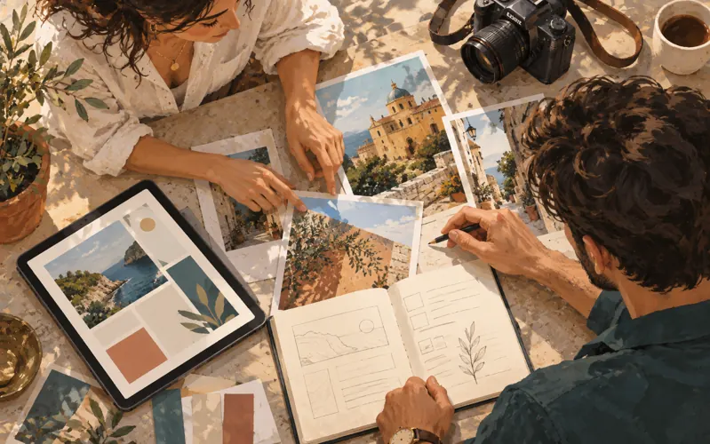 Illustrazione della preparazione di testi, fotografie e contenuti digitali.