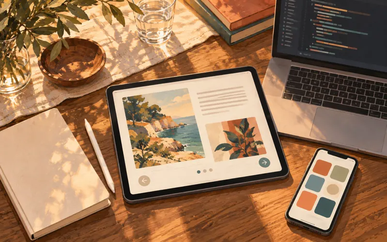 Illustrazione di applicazioni e pubblicazioni digitali in preparazione.