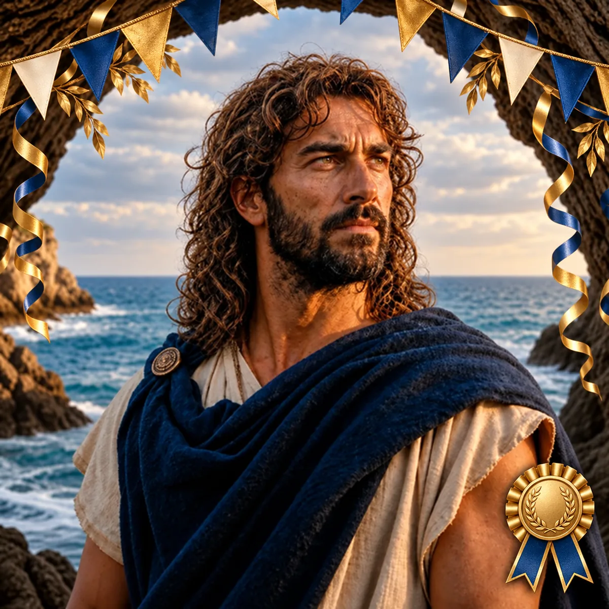 Ulisse con festoni blu e oro per festeggiare il lancio di Odissea.