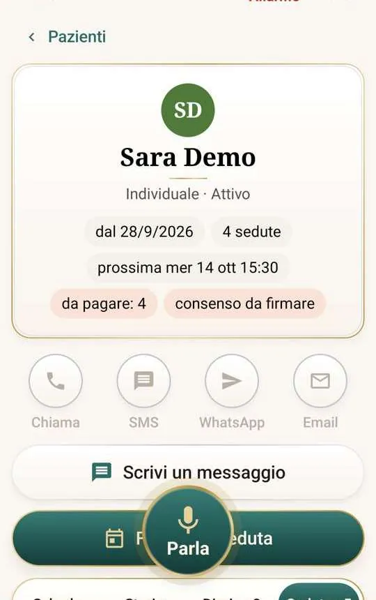 Anteprima di STEFY con la scheda dimostrativa Sara Demo e il tasto Parla.